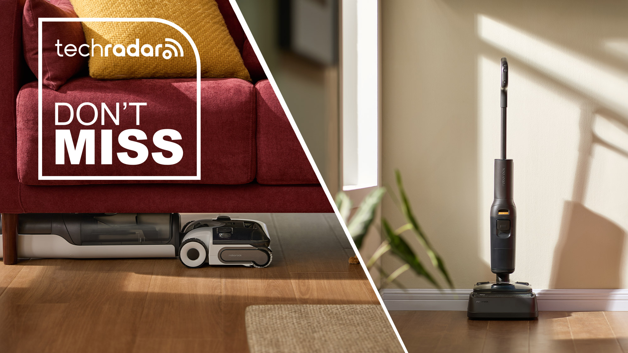 Roborock F25 ACE vacuum shown lying flat under a sofa and standing on its charging dock