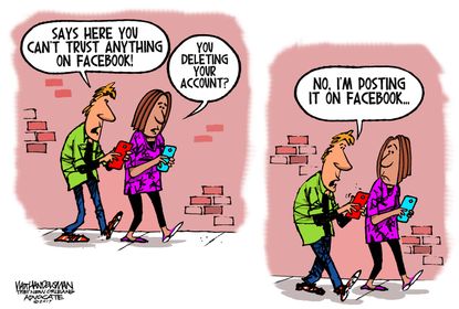 Editorial cartoon World Facebook social media hypocrisy