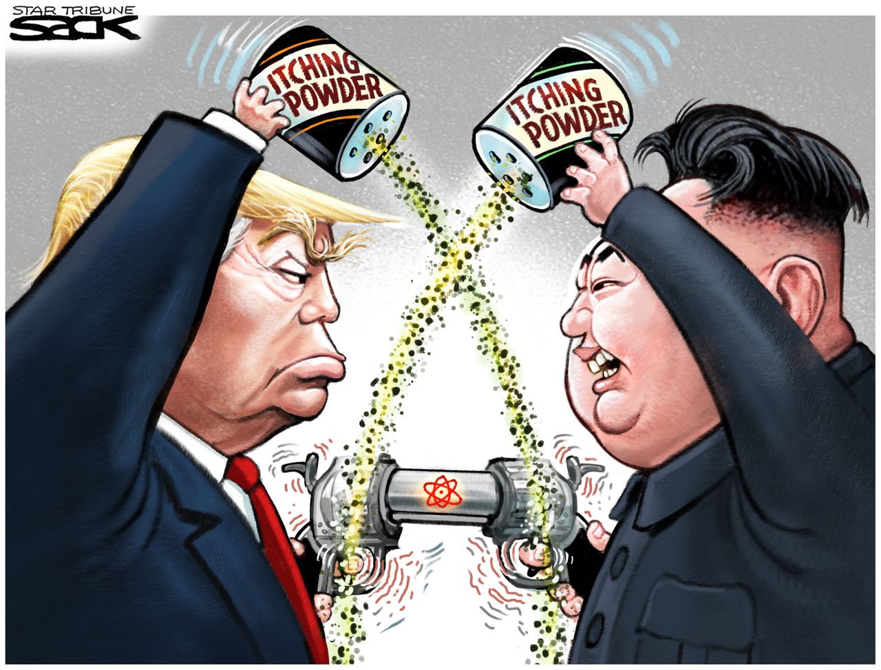 Political cartoon U.S. Trump Kim Jong Un nuclear threat