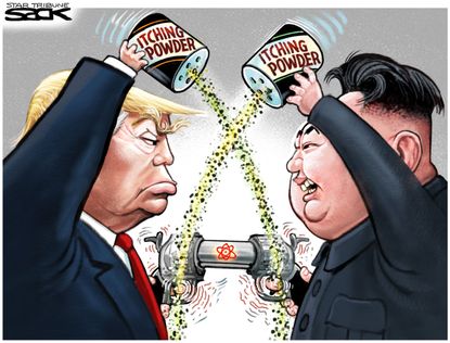 Political cartoon U.S. Trump Kim Jong Un nuclear threat