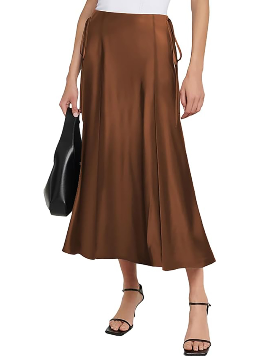 SEBOWEL, Sebowel Women Satin Maxi Long Skirt Silk Side Tie a Line Swing Midi Skirt Elegant Flowy Ruffle Pleated Cocktail Party Skirts, Brown, Xxl