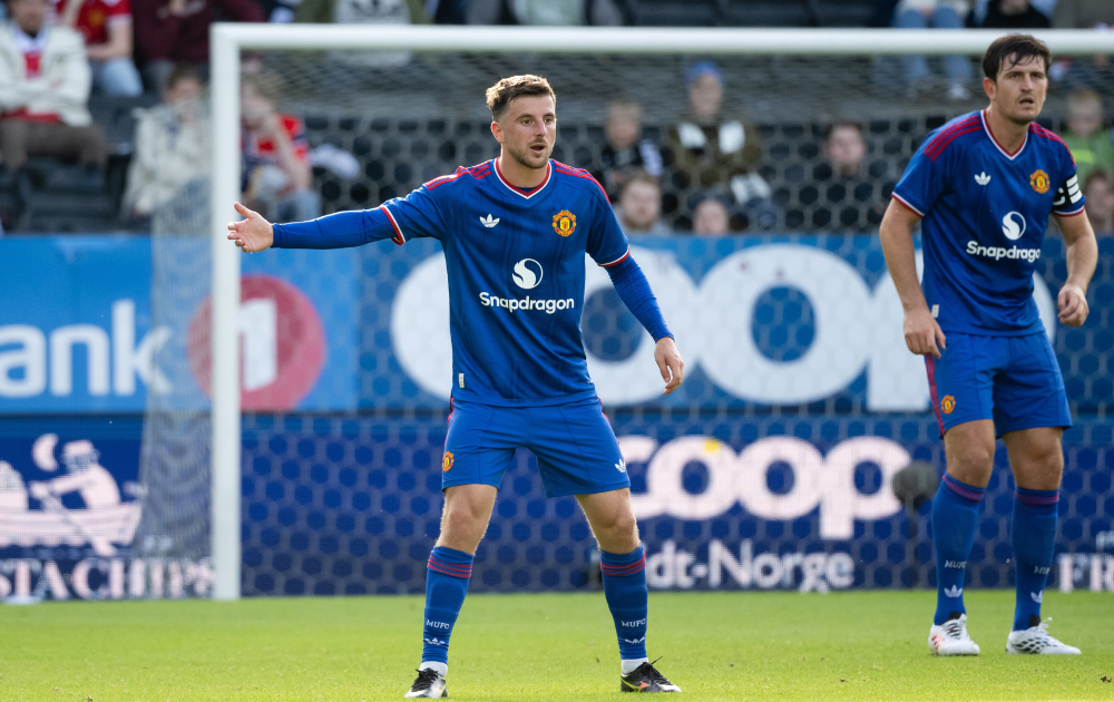 Mason Mount and Harry Maguire of Manchester United in action during the pre-season friendly match between Rosenborg and Manchester United at Lerkendal Stadion on July 24, 2026 in Trondheim, Norway.