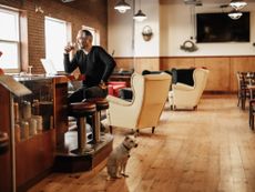 Owner of small business working at the bar, working on lap top while having a drink. Dressed in casual clothes with black sweater and jeans. Interior of vintage bowling alley in the morning with natural light. Small dog in the foreground.
