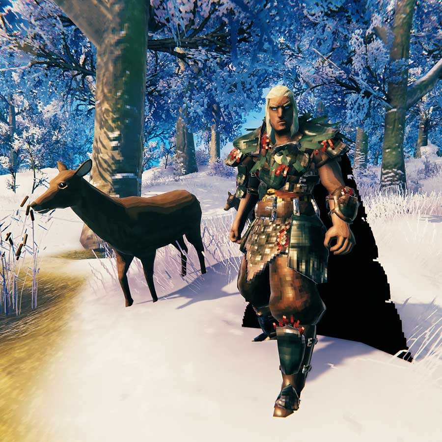 Valheim viking in the Meadows with a deer. It's snowy from a modded effect.