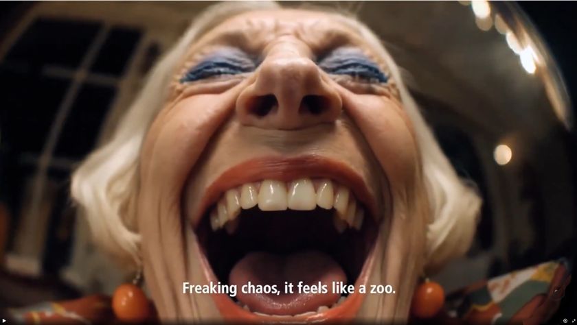 Still of laughing old woman from McDonald&#039;s gen AI Christmas ad