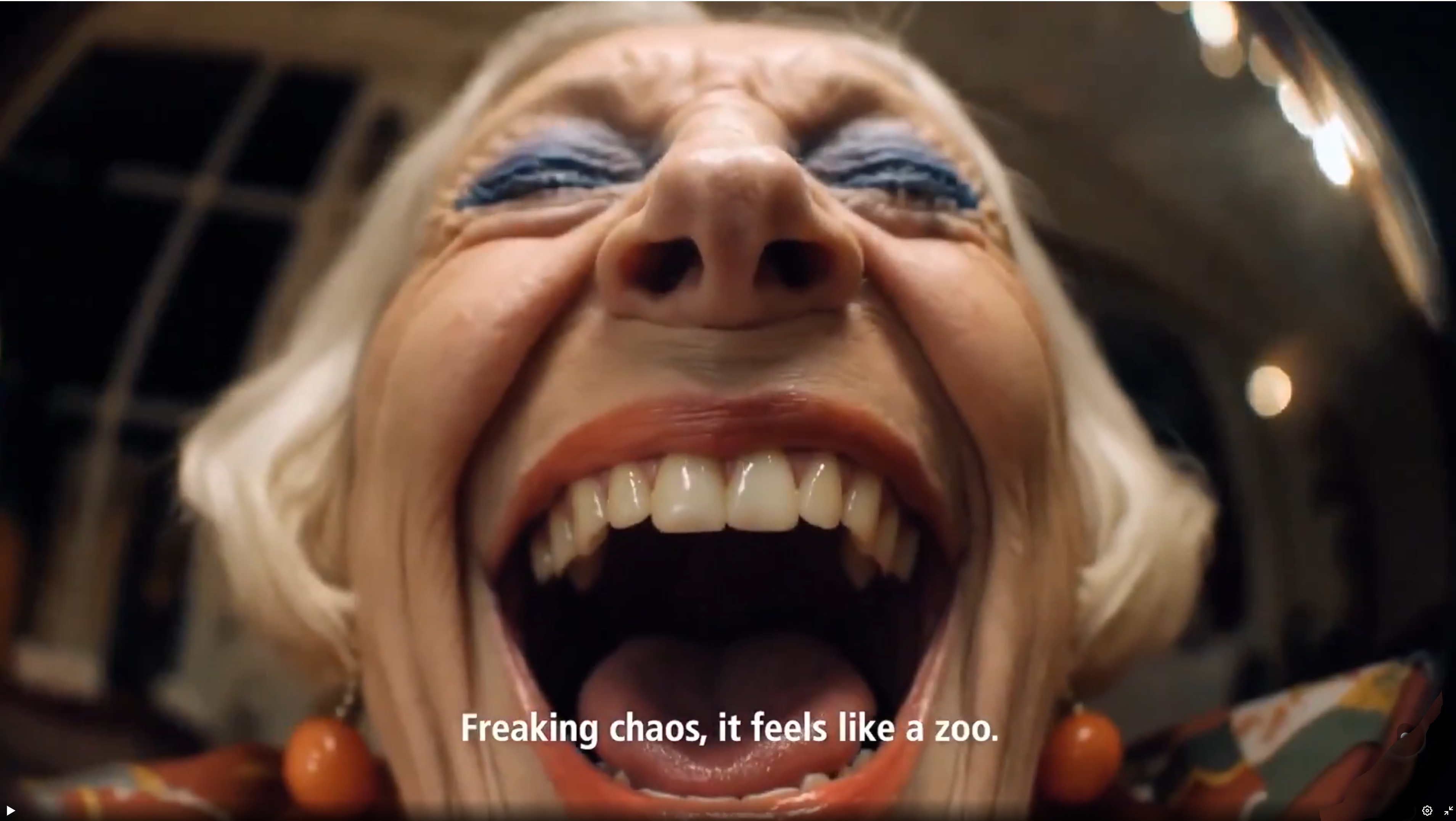 Still of laughing old woman from McDonald&#039;s gen AI Christmas ad