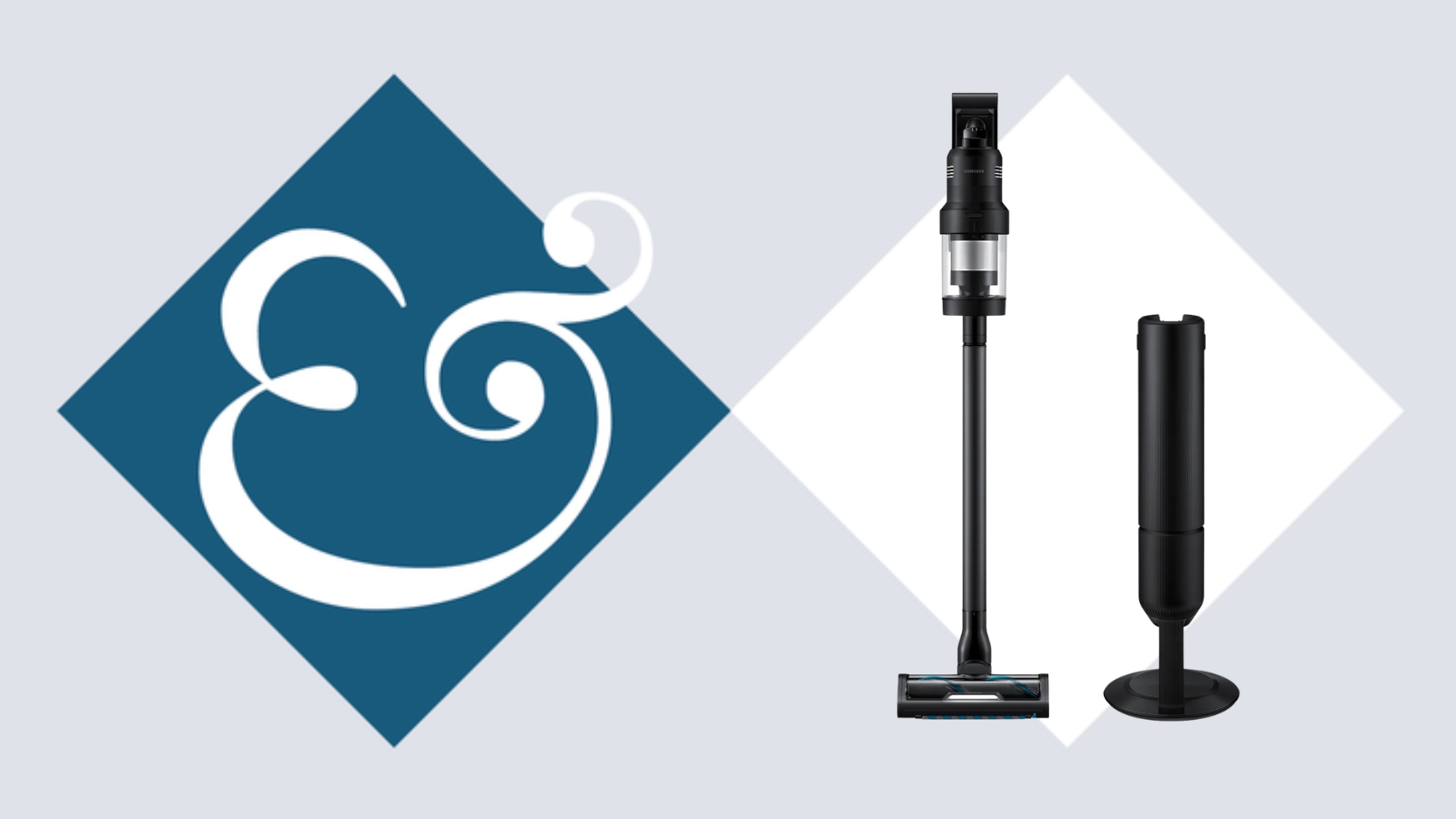 Samsung Bespoke AI Jet Ultra vacuum and cleaning station on tile background next to Homes &amp; Gardens '&amp;' logo.