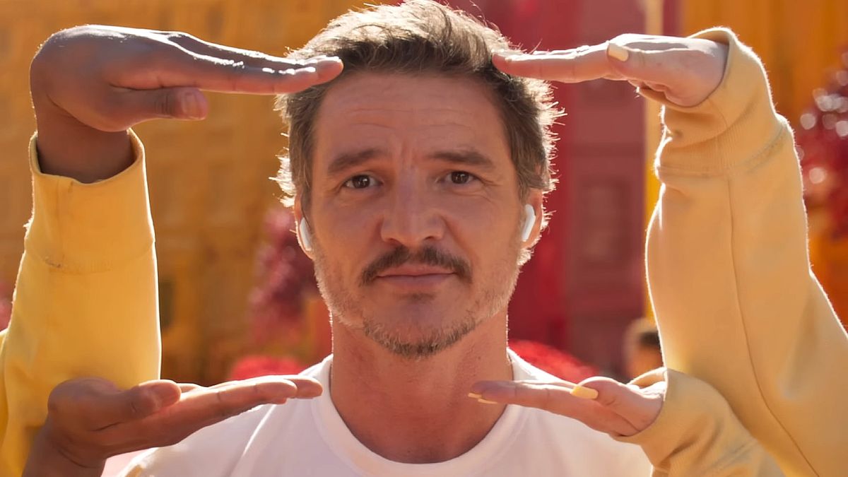 Pedro Pascal in Apple&#039;s Someday ad promoting the AirPods 4 with Active Noise Cancellation.