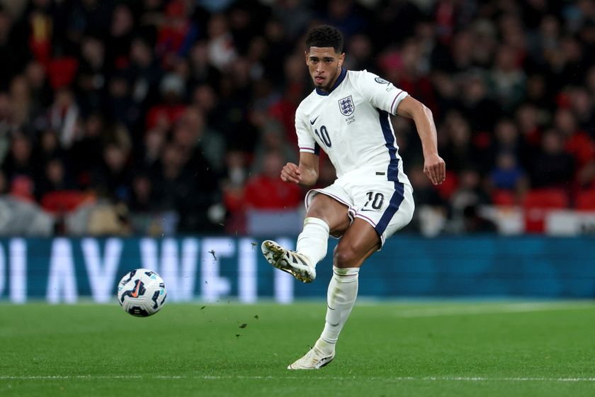 Jude Bellingham on the ball for England against Albania in March 2025.