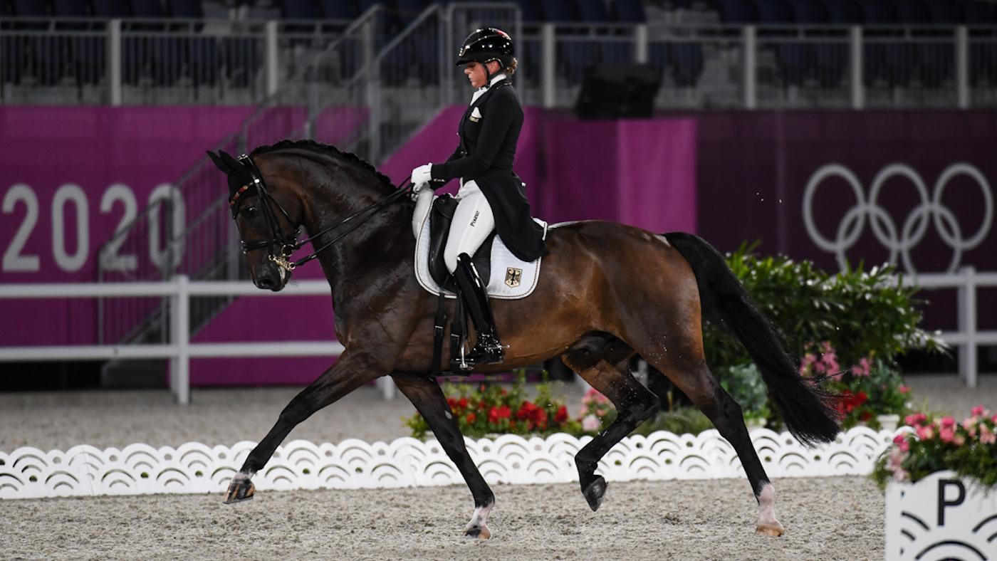 Dorothee Schneider rides Showtime FRH at the Tokyo Olympic dressage grand prix (25 July)