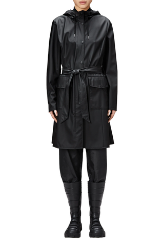 Rains Curve Belted Trench Coat With Drawstring Hood