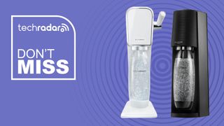 A white SodaStream Art is pictured next to a black SodaStream Terra against a purple background. To the left, text reads "don't miss".