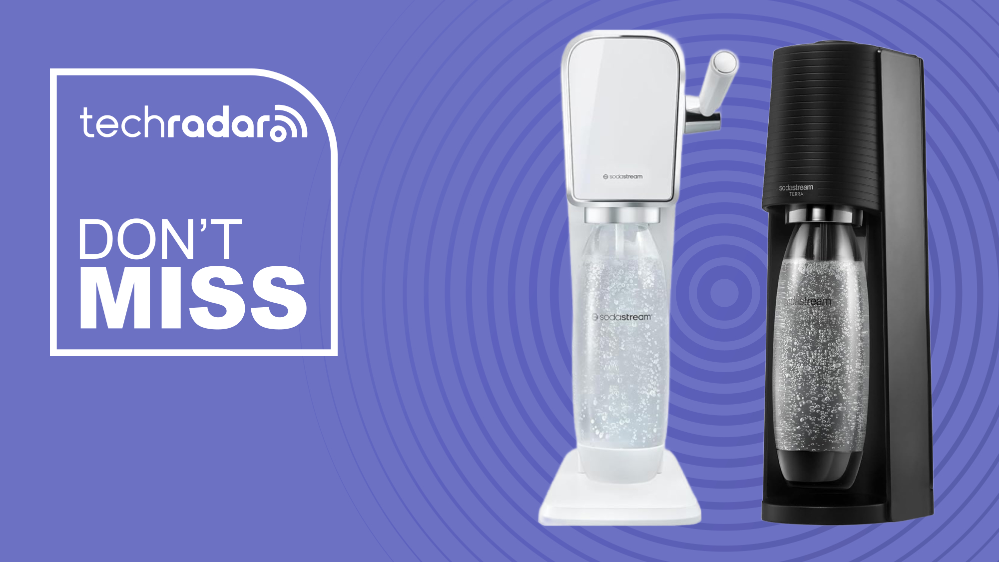 A white SodaStream Art is pictured next to a black SodaStream Terra against a purple background. To the left, text reads "don't miss".