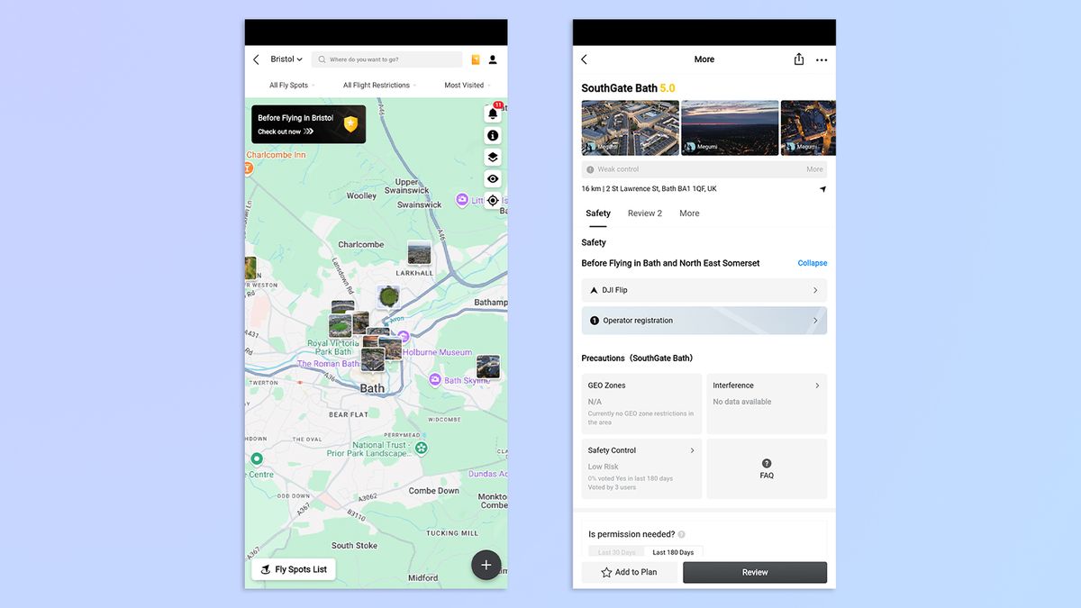 Screenshots of the DJI Fly app
