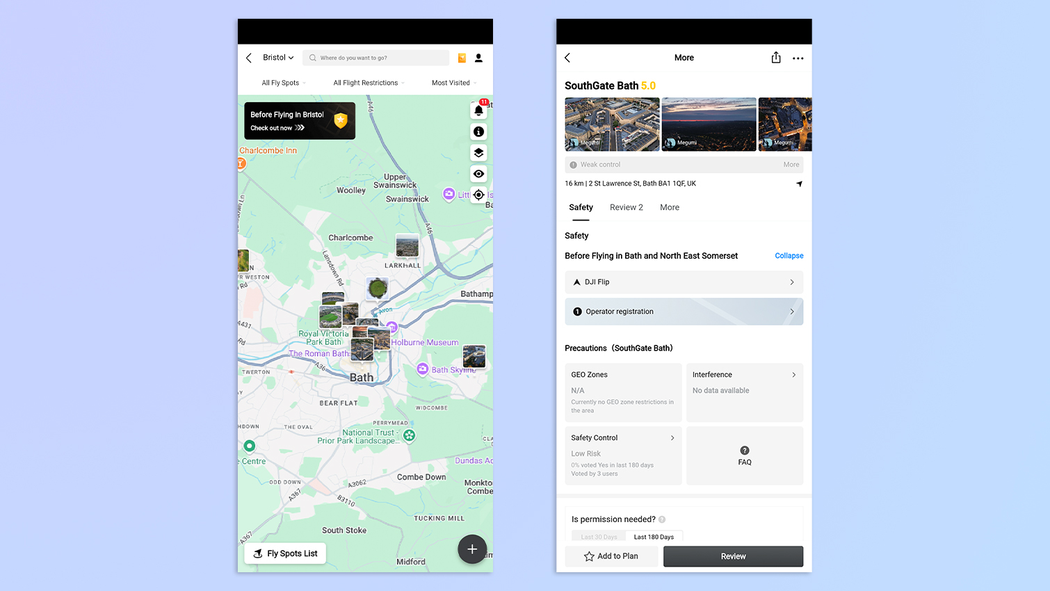 Screenshots of the DJI Fly app