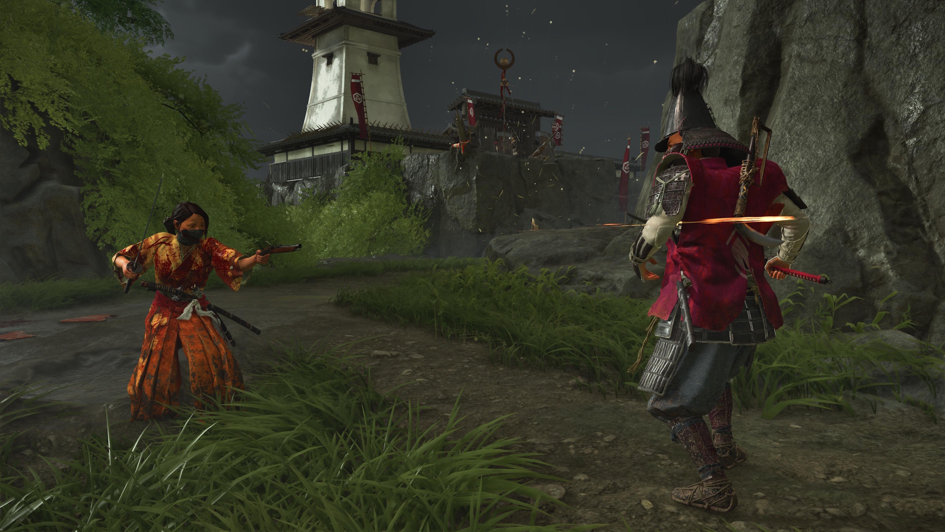 Ghost of Yotei screenshot of Atsu using a gun
