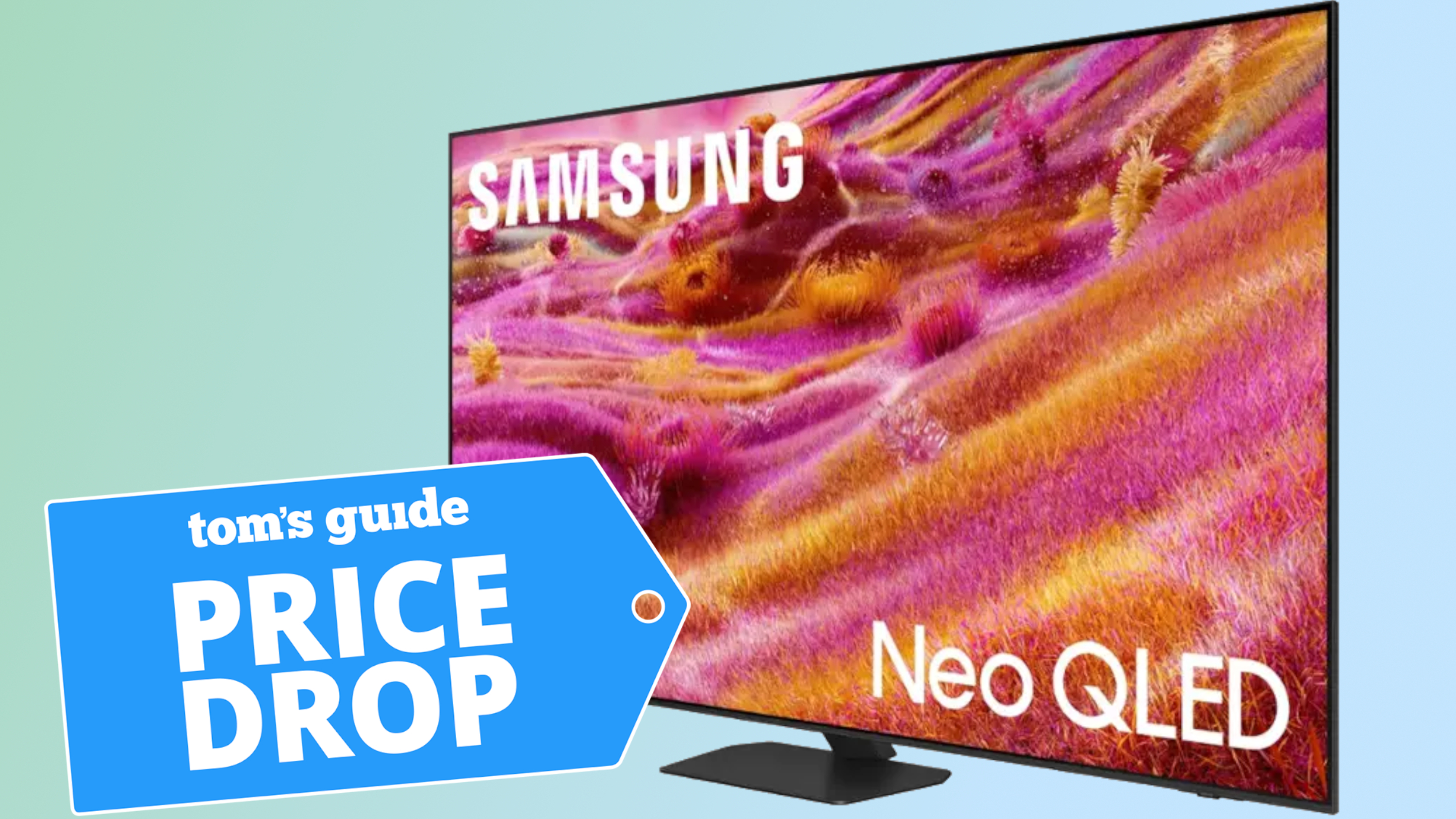 The Samsung QN90F Neo QLED TV against a colorful backdrop with a badge on its left-hand side that reads: 