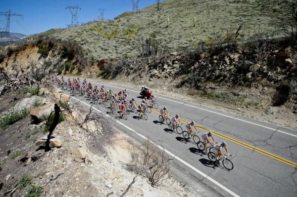 HTC-Columbia leads as the peloton goes through Cajon Pass.