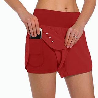 Ksmien Women's 2 in 1 Running Shorts - Lightweight Athletic Workout Gym Yoga Shorts Liner With Phone Pockets Red