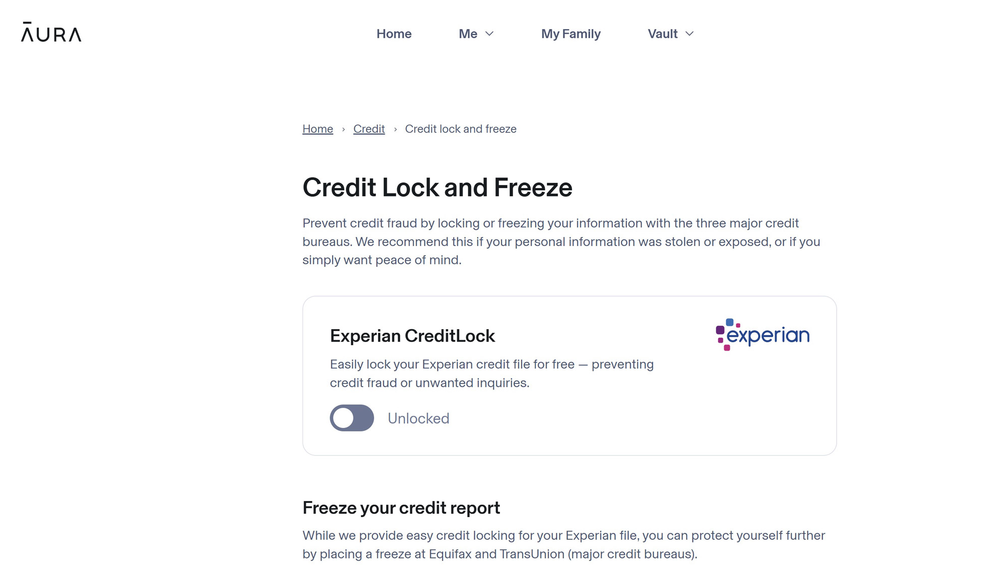 Screenshot of the Aura Identity Theft Protection web interface