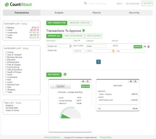 CountAbout image: On the dashboard, you'll see a list of your accounts, transactions that require your approval and widgets.