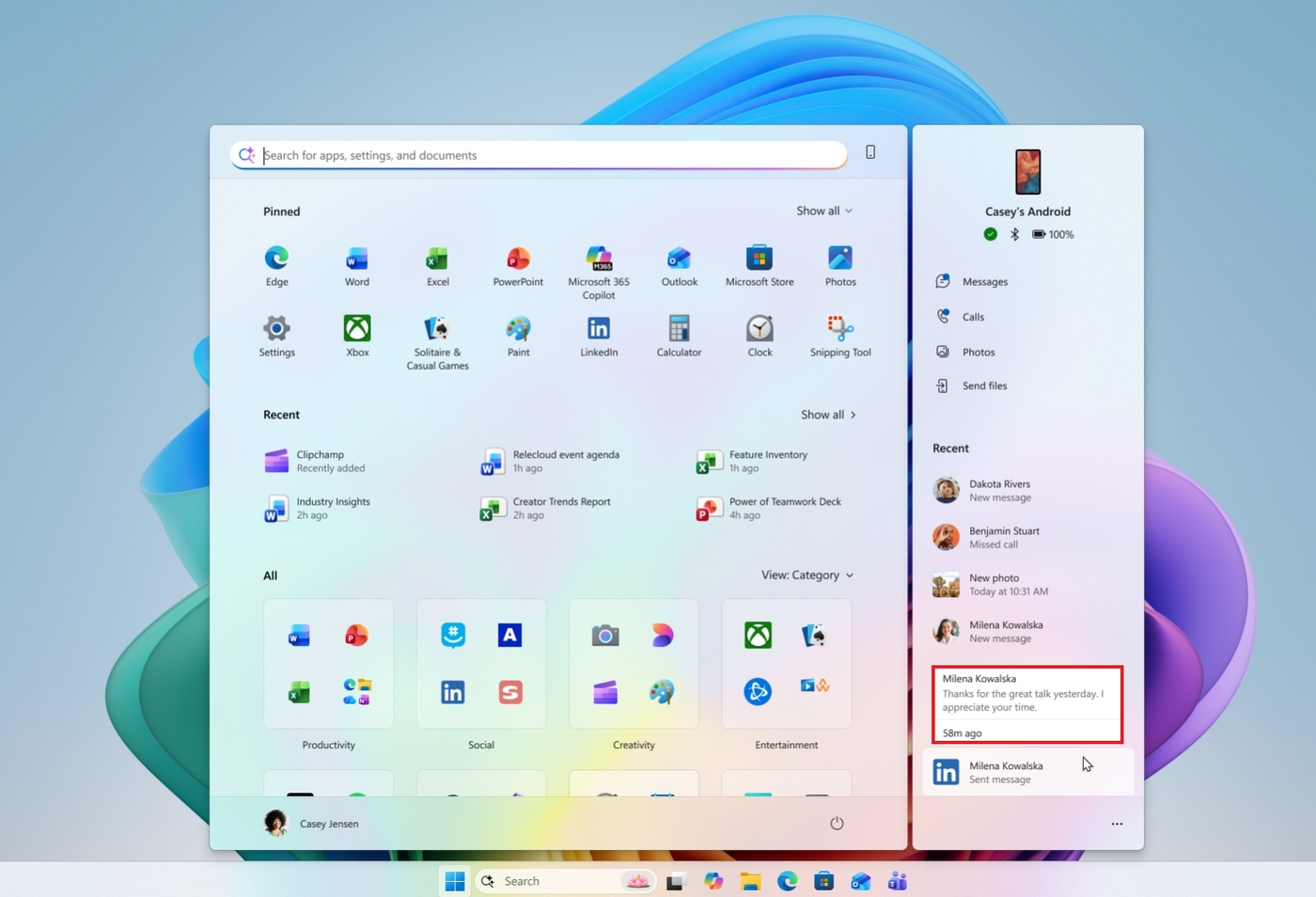 Start menu with Phone Link flyout hovering over recent message.