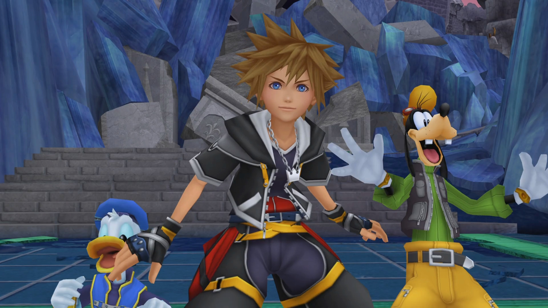 Sora standing next to Goofy and Donald Duck during the RPG Kingdom Hearts HD 1.5 + 2.5 Remix