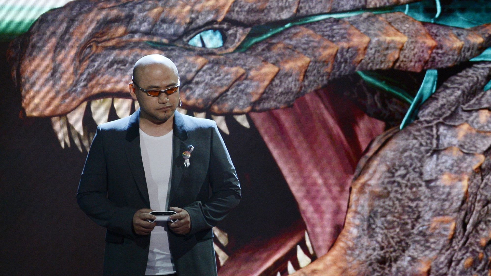 Hideki Kamiya, Director at Platinum Games, introduces the video game &quot;Scalebound&quot; during Microsoft Corp. Xbox at the Galen Center on June 13, 2016 in Los Angeles, California.