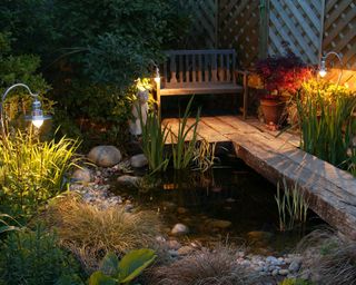 pond with decking walkway