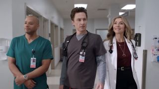 JD, Turk and Elliot in hospital hallway in Scrubs revival