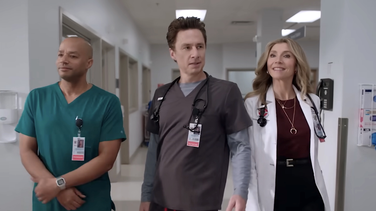 JD, Turk and Elliot in hospital hallway in Scrubs revival