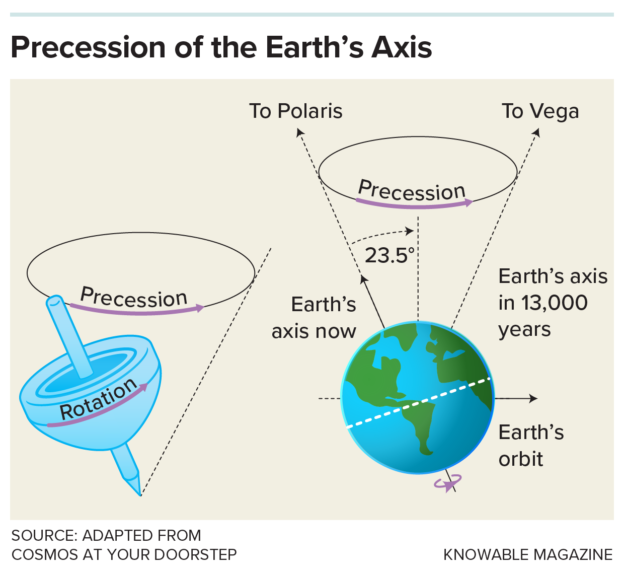 A graphic showing a globe (right) next to a top (left) with labels revealing how the Earth wobbles like a top when it spins
