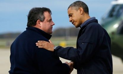 President Obama is greeted by New Jersey Gov. Chris Christie as he travels through the Sandy-ravaged state.