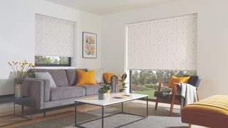 living room with full length blinds