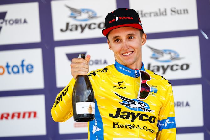 Jai Hindley (Sunweb) in the yellow leader’s jersey at the 2020 Herald Sun Tour