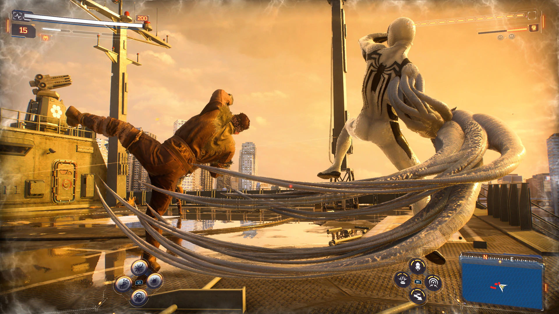 Peter uses the Anti-Venom Suit to trip an enemy with tentacles in Marvel&#039;s Spider-Man 2