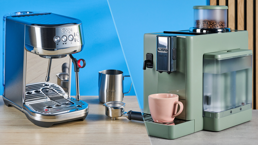 the breville bambino plus on the left with a portafilter and milk jug, on the right the de'longhi rivelia in green showing automatic coffee making