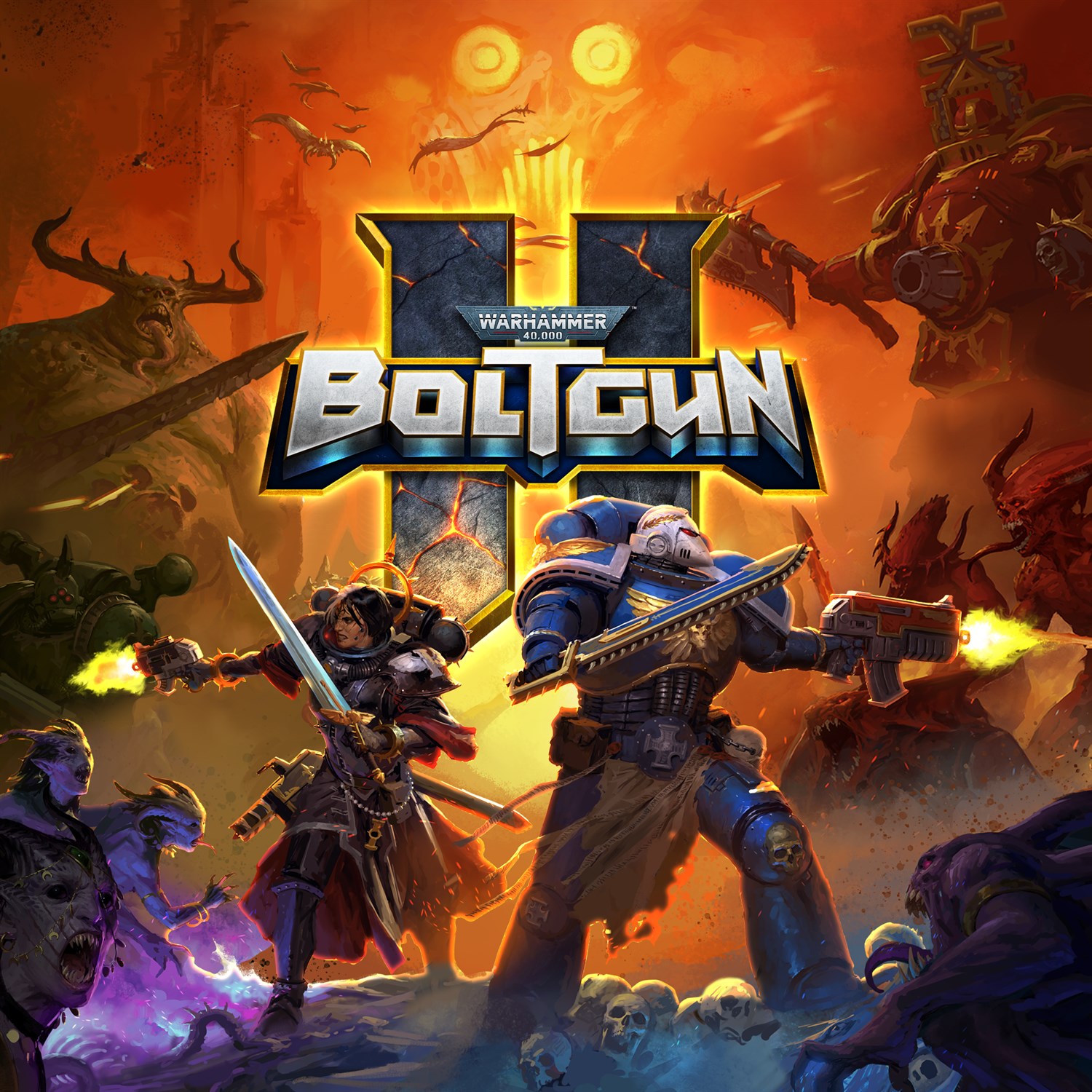 Warhammer 40,000: Boltgun artwork shows armored Space Marines battling monstrous aliens amid fire and smoke, in a dramatic, fiery orange sci-fi scene.