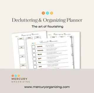 Three sheets of paper with organizing planners printed on them on a pink background. 