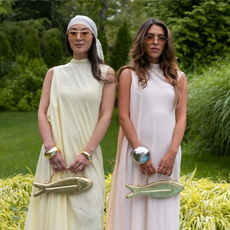 sardine girl summer fashion pastel maxi dress gold fish bag