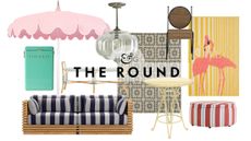 South-of-France-inspired outdoor decor, including a patio umbrella, Kelly green Fieldbar cooler, striped teak wood sofa, Eloise outdoor pendant light, patterned rug, yellow bistro table, and more