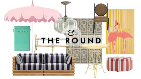 South-of-France-inspired outdoor decor, including a patio umbrella, Kelly green Fieldbar cooler, striped teak wood sofa, Eloise outdoor pendant light, patterned rug, yellow bistro table, and more