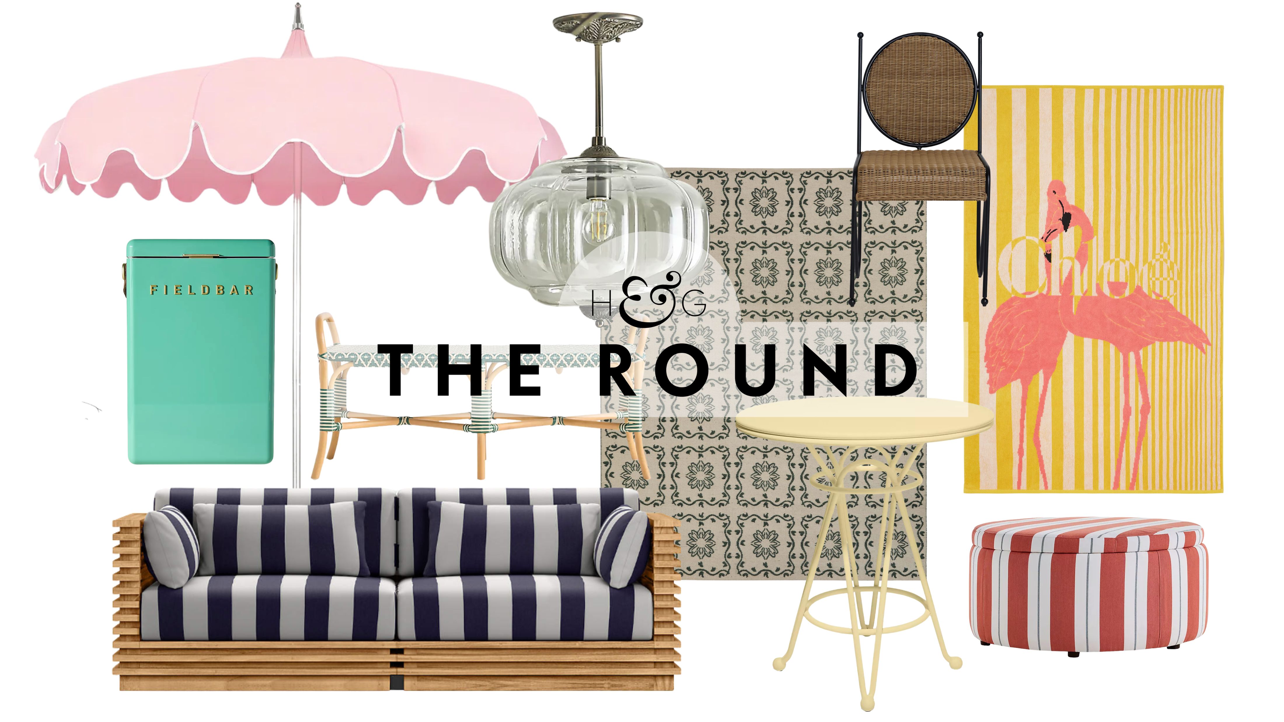 South-of-France-inspired outdoor decor, including a patio umbrella, Kelly green Fieldbar cooler, striped teak wood sofa, Eloise outdoor pendant light, patterned rug, yellow bistro table, and more