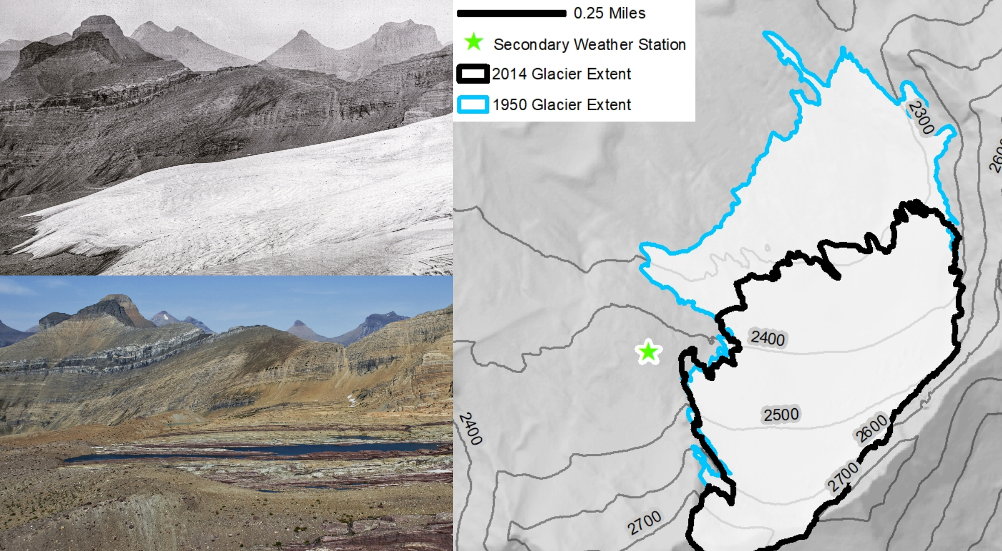 Two pictures showing the decline of the Sperry Glacier between 1930 and 2009 and a map showing the decline between 1950 and 2014.