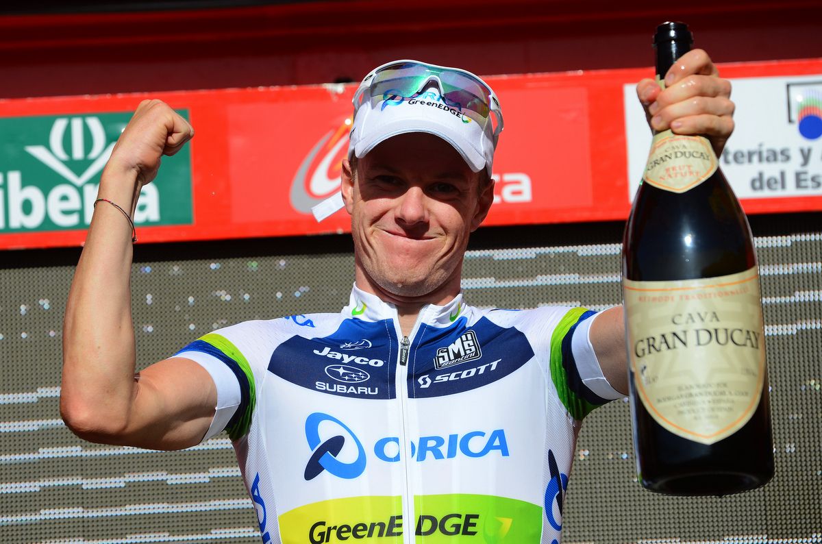 Simon Clarke celebrating his 2012 Vuelta a Espana stage win