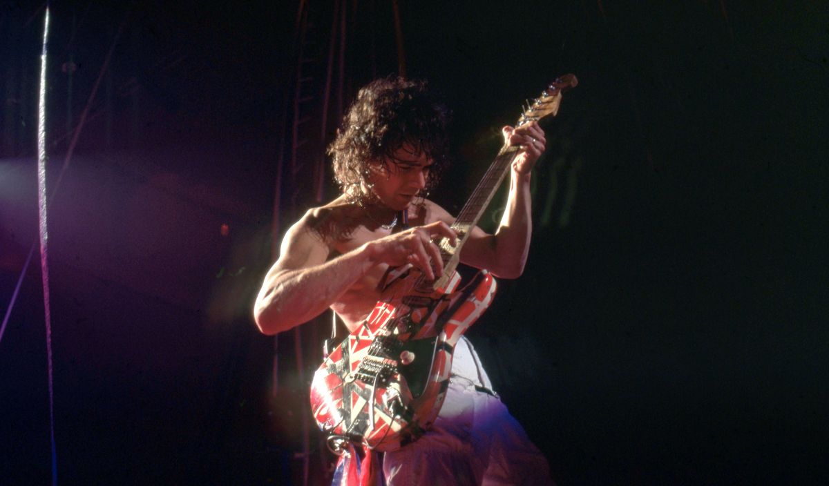 Eddie Van Halen onstage at the Cobo Arena during Van Halen&#039;s &quot;Fair Warning Tour&quot; on July 4, 1981, in Detroit, Michigan