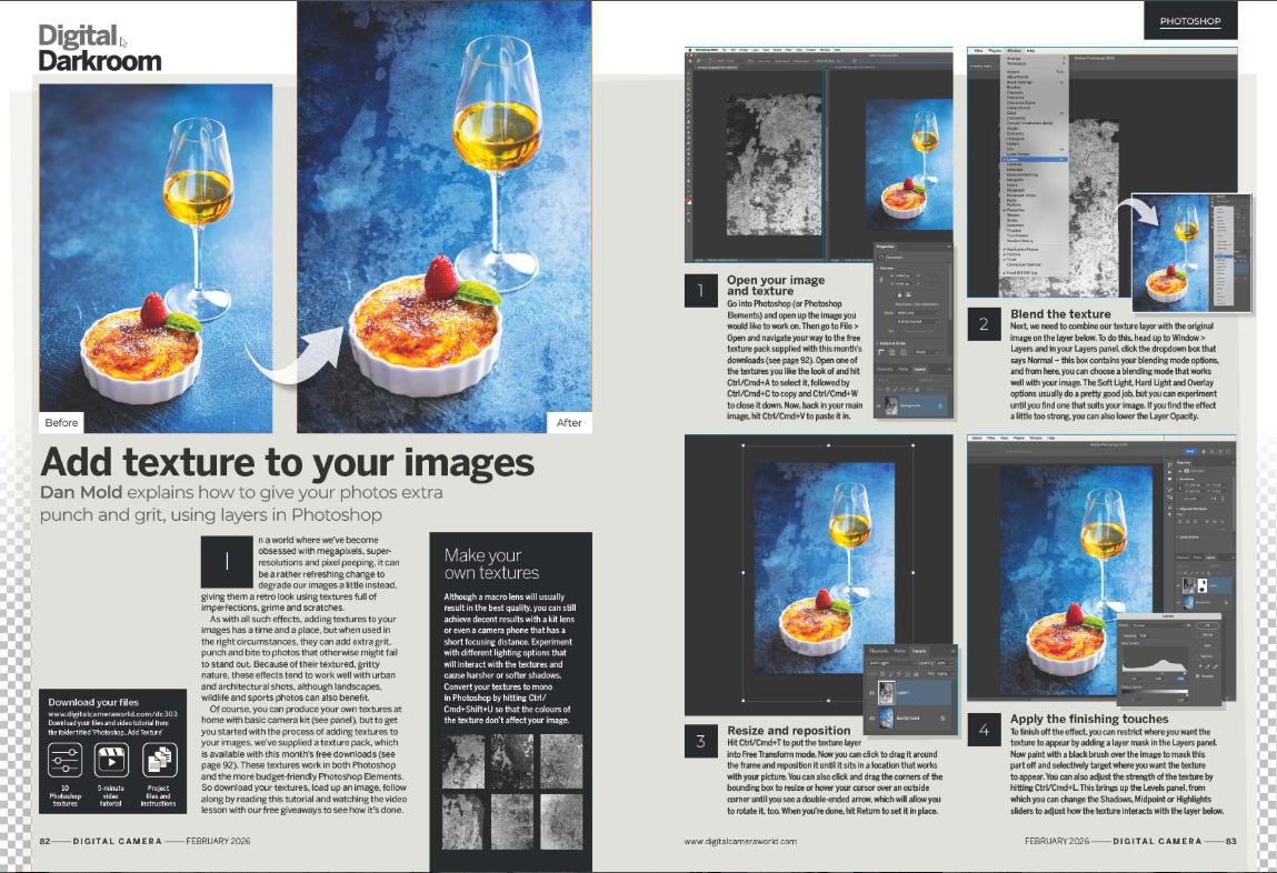Image showing the Photoshop Essentials tutorial in issue 303 (February 2026) of Digital Camera magazine, about adding texture to photographs using Adobe Photoshop
