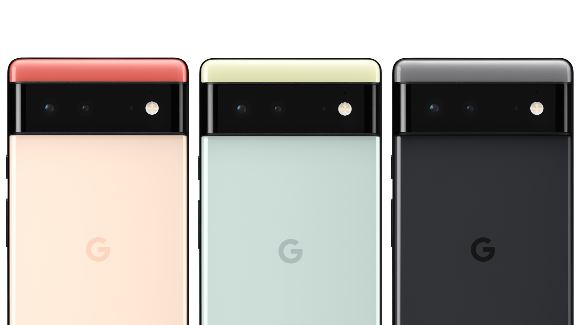 Google Pixel 6 in three colors on white background