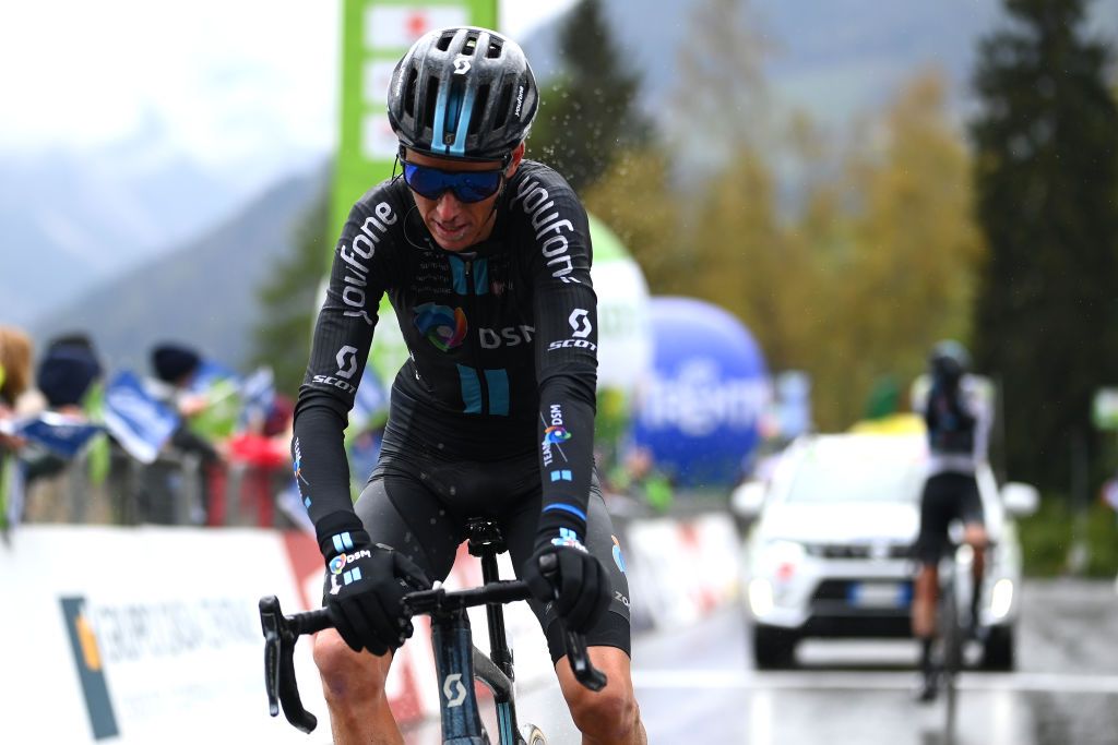 LIENZ AUSTRIA APRIL 22 Romain Bardet of France and Team DSM reacts at finish line as race winner during the 45th Tour of the Alps 2022 Stage 5 a 1145km stage from Lienz to Lienz TouroftheAlps on April 22 2022 in Lienz Austria Photo by Tim de WaeleGetty Images