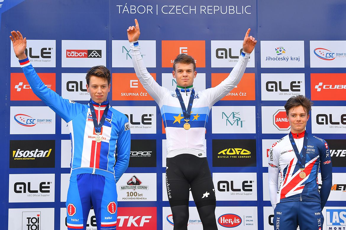 Loris Rouiller (Switzerland) celebrates on the podium.
